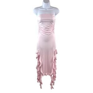 Pastel Pink Fairycore Dress Midi Side Slit Ruffles Y2K